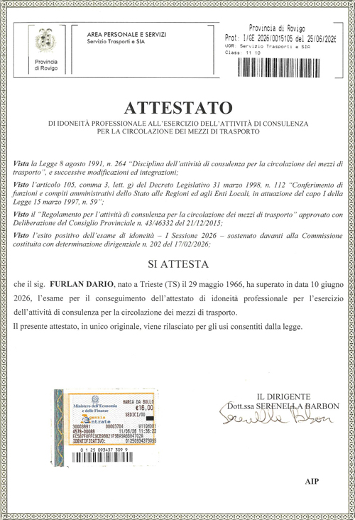 Attestato di consulenza trasporti di Dario Furlan