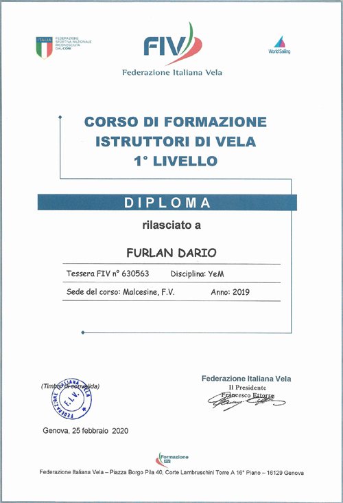 Diploma di istruttore di Dario Furlan