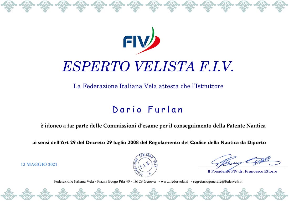 Attestato di esperto velista di Dario Furlan